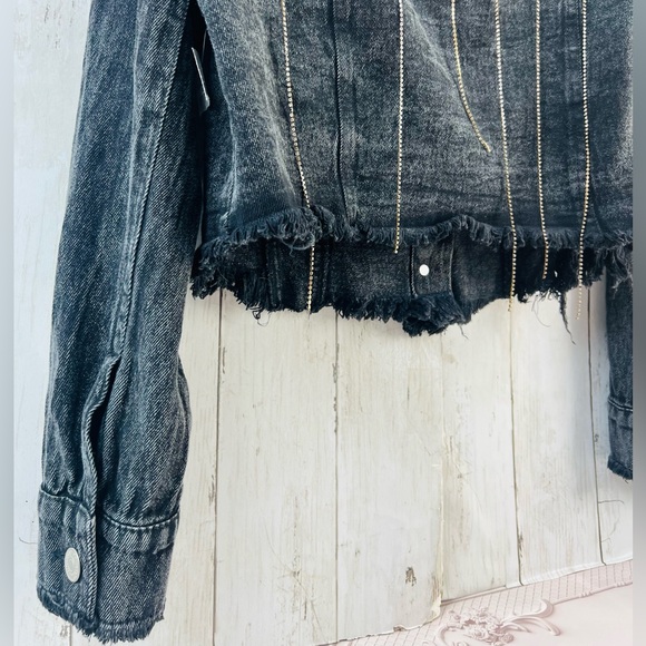 Thrill Jeans Y2K Women's Dark Gray Rhinestone Tassels Cropped Denim Jacket Large - Picture 11 of 15